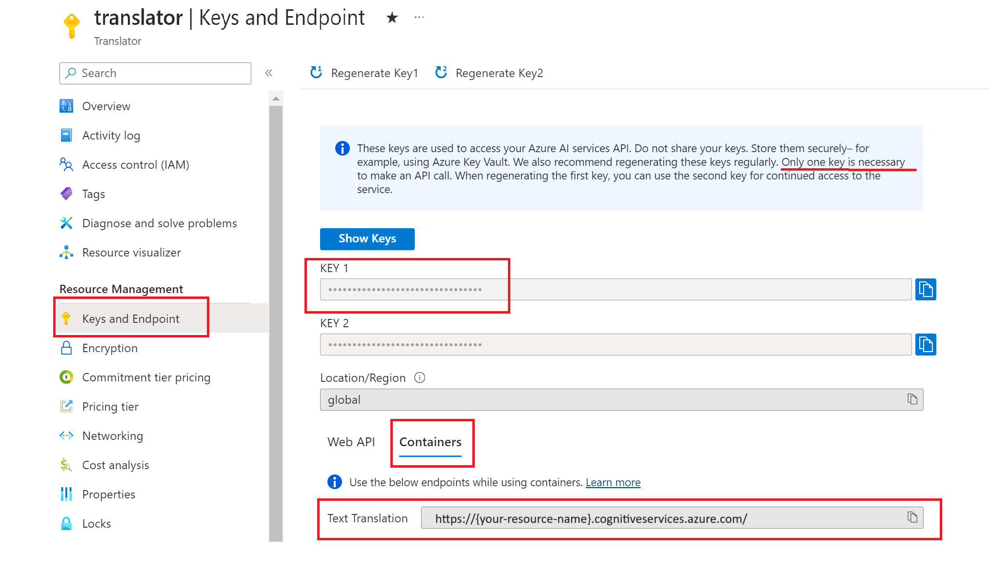 Screenshot of Azure portal keys and endpoint page.
