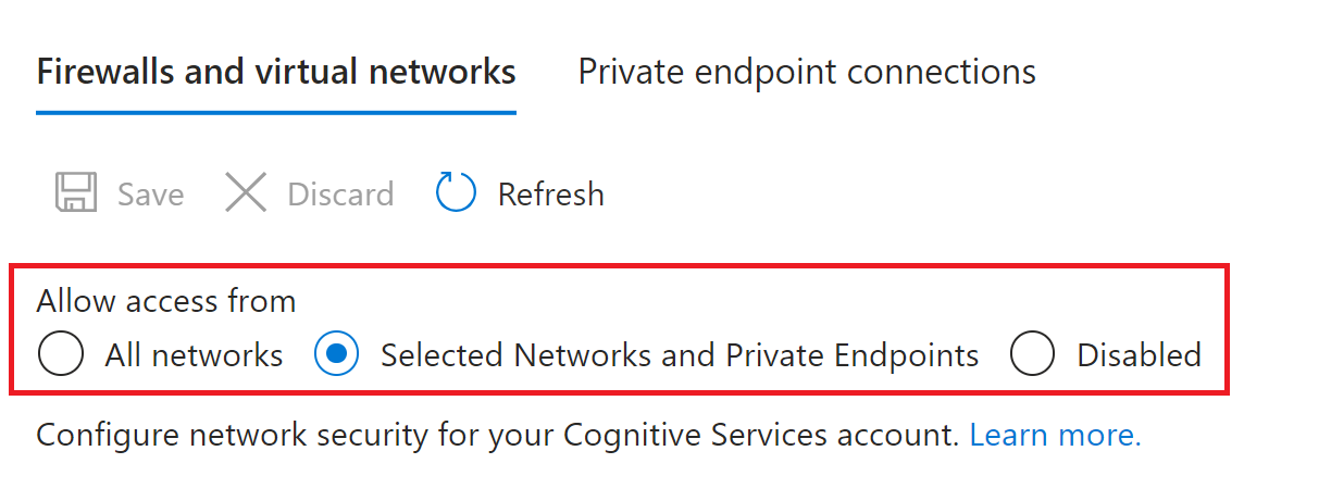 Screenshot of allowed network access section in the Azure portal.