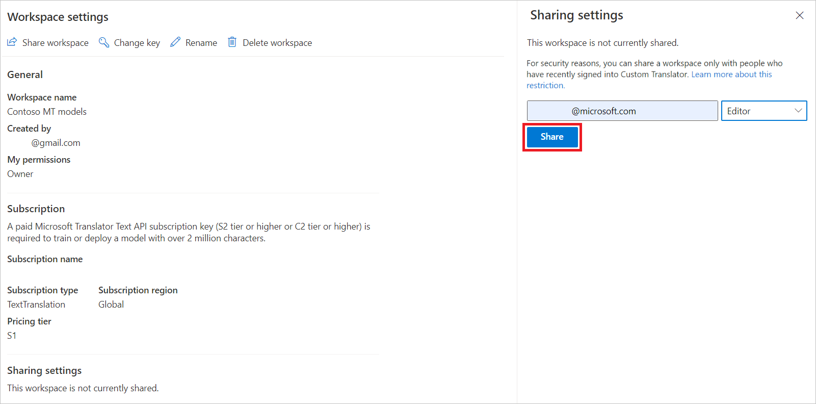 Screenshot illustrating share workspace settings.