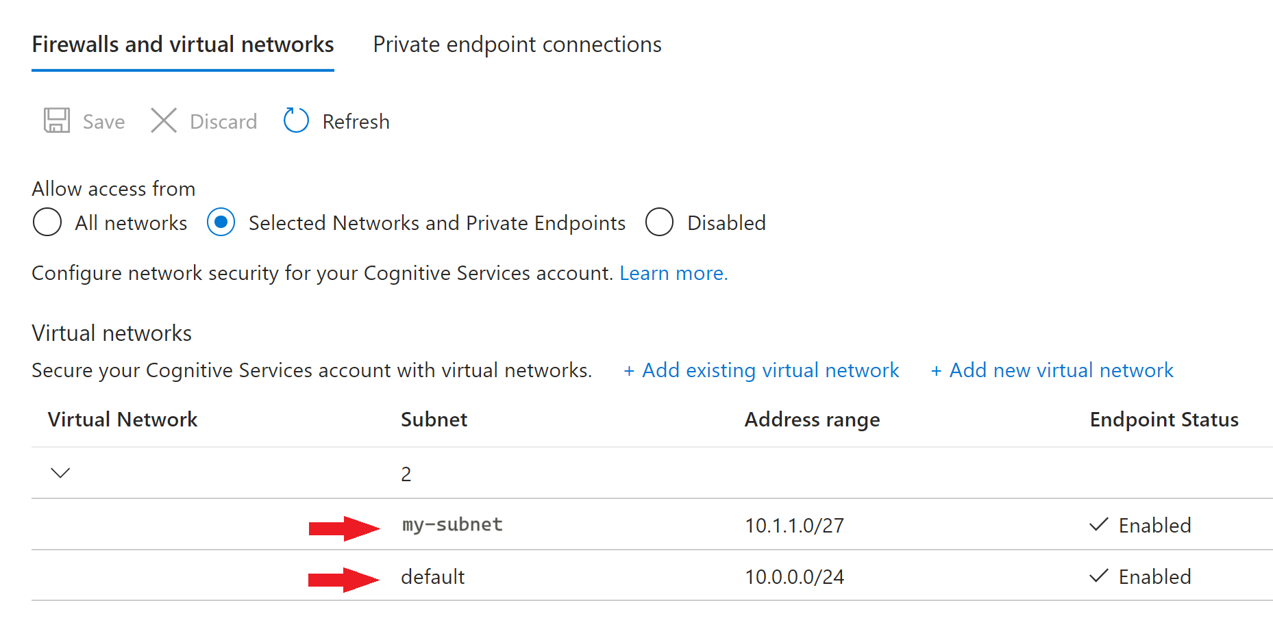 Screenshot of subnet selection section in the Azure portal.