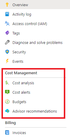 Screenshot of the cost management resources links in the Azure portal.
