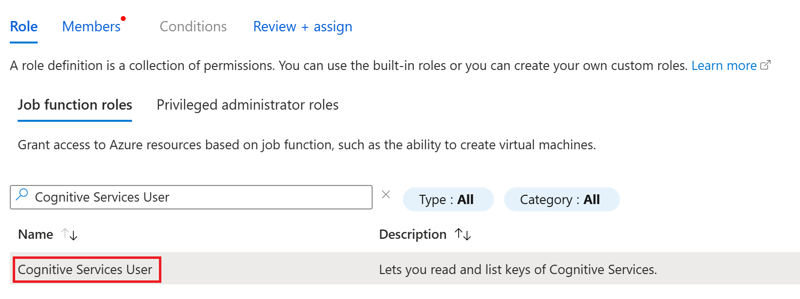 Screenshot of Cognitive Services User from the job function roles list in the Azure portal.