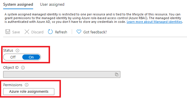 Screenshot: enable system-assigned managed identity in Azure portal.