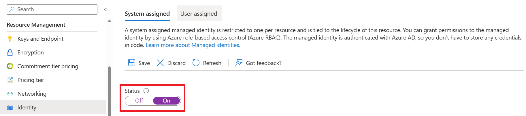 Screenshot: resource management identity tab in the Azure portal.