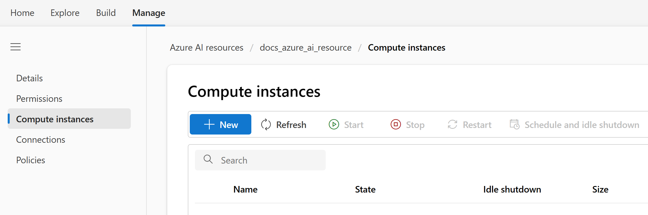 Screenshot of the option to create a new compute instance from the manage page.