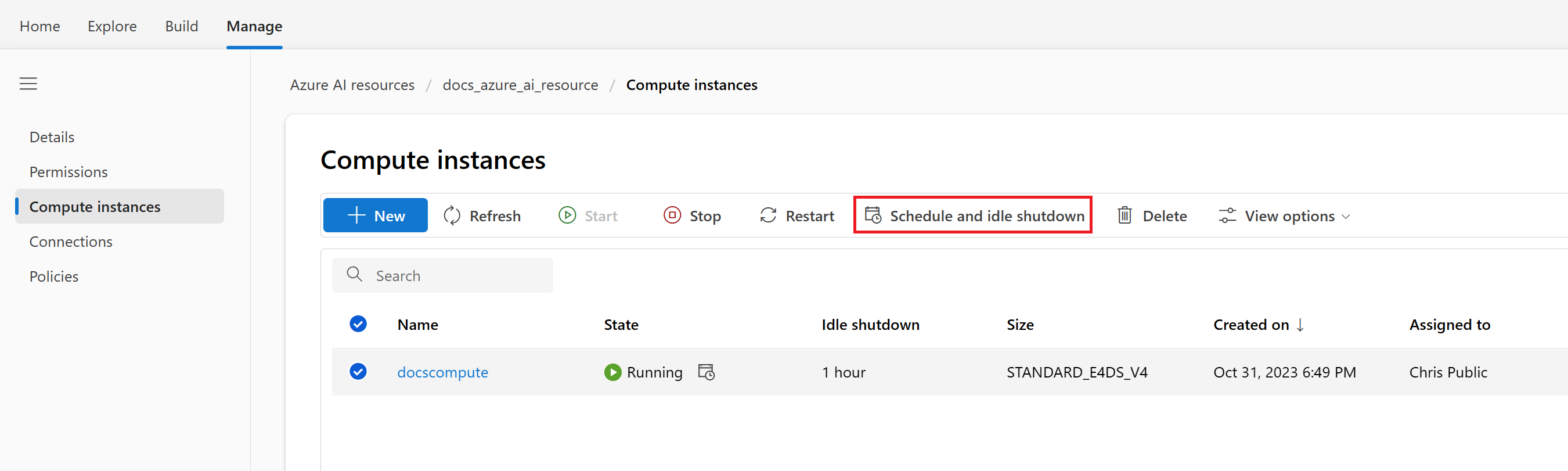 Screenshot of the option to change the idle shutdown schedule for a compute instance.