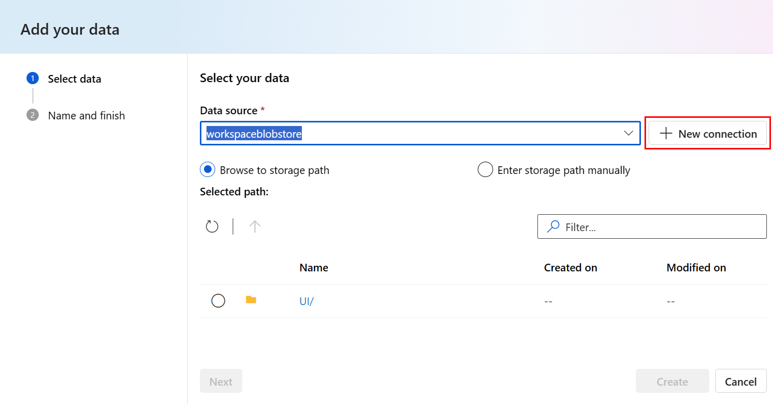 This screenshot shows the step to choose a folder from an existing connection.