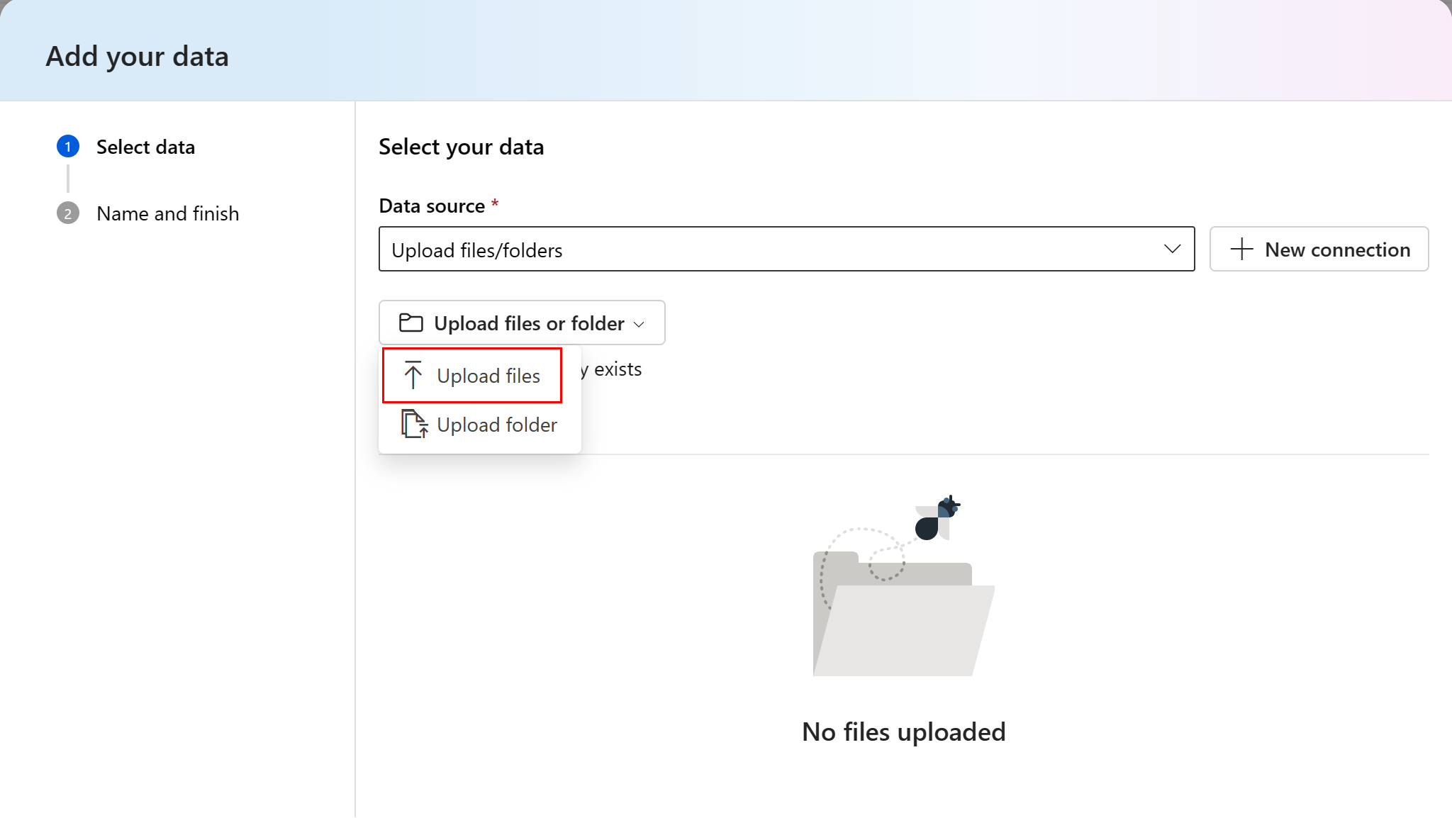 This screenshot shows the step to upload files/folders.