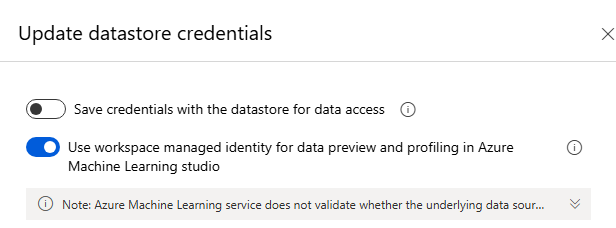 Use workspace managed identity for data preview and profiling in Azure Machine Learning Studio.