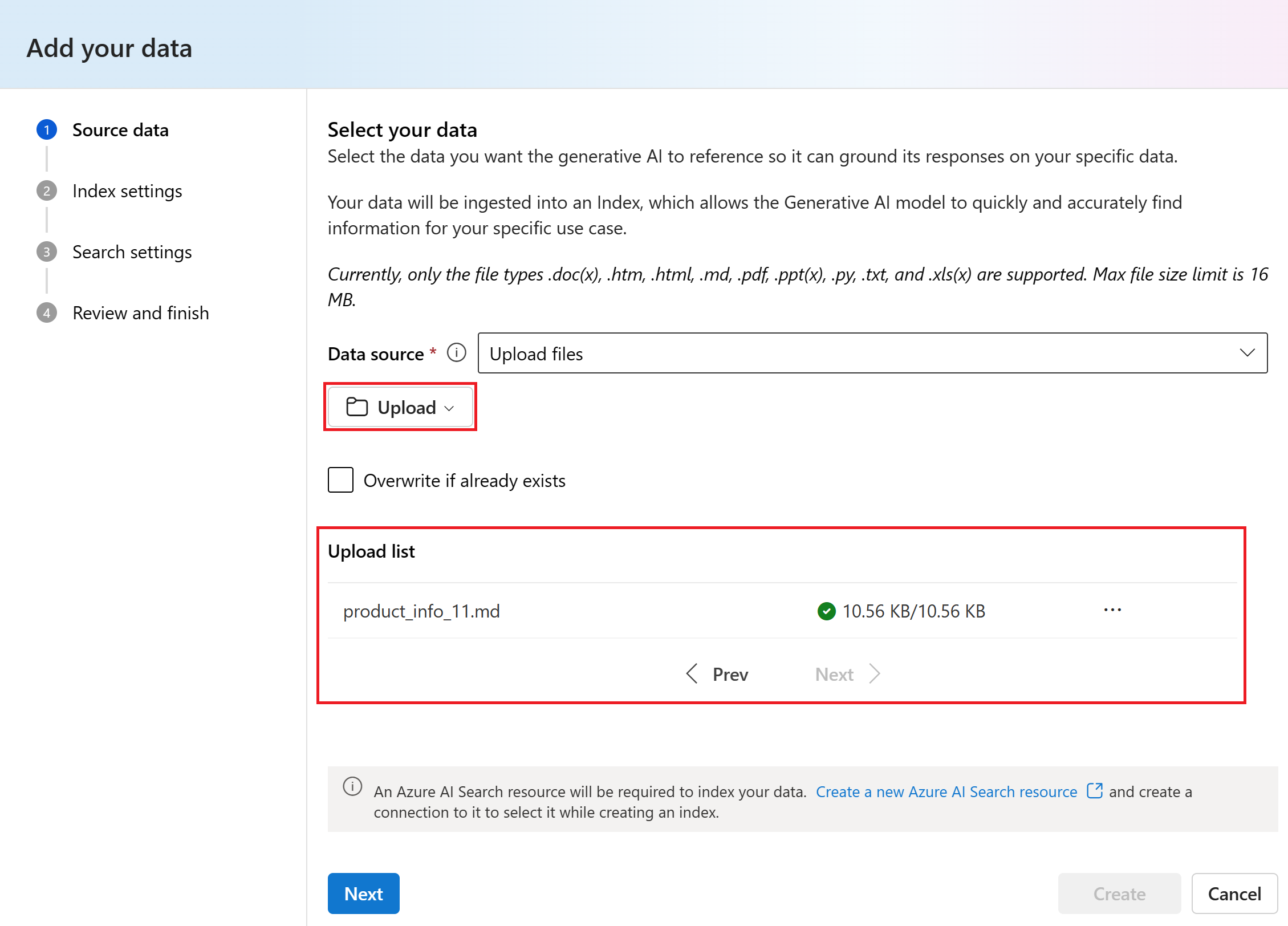 Screenshot of the dialog to select and upload files.