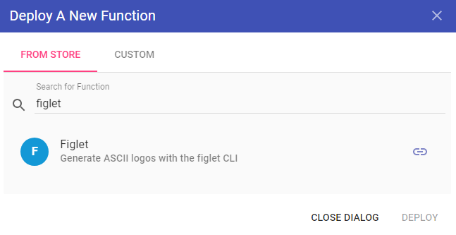 Screenshot shows the Deploy A New Function dialog box in OpenFAAS, with "figlet" typed in the search line.