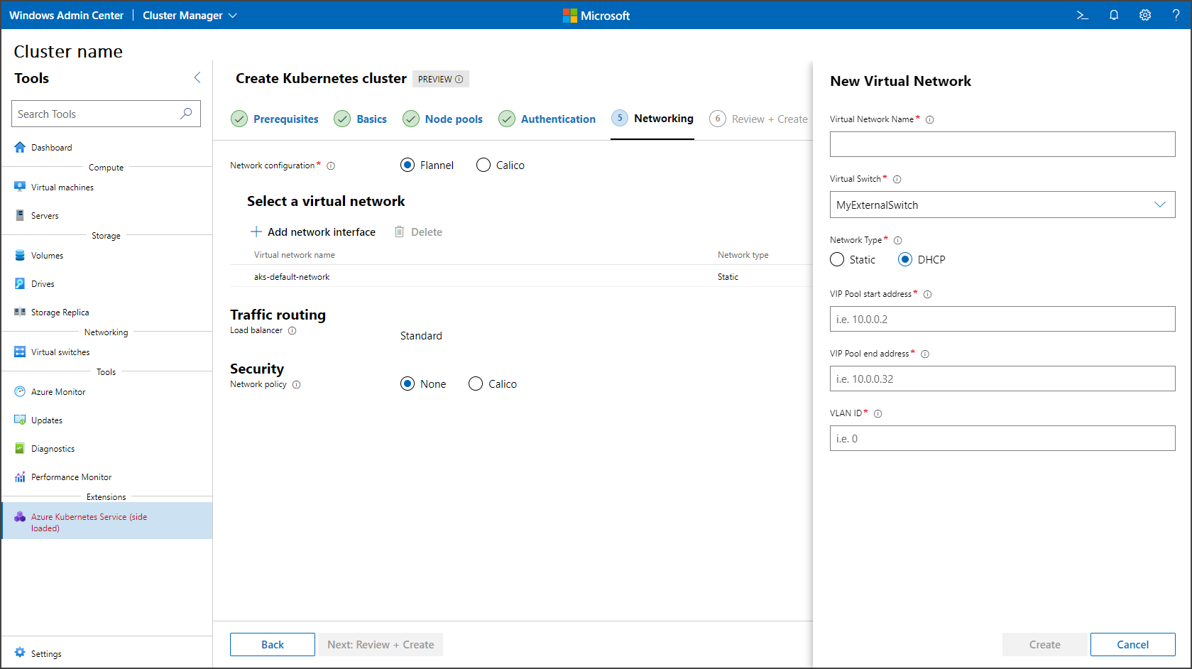 Screenshot showing the networking, DHCP page of the Kubernetes cluster wizard.