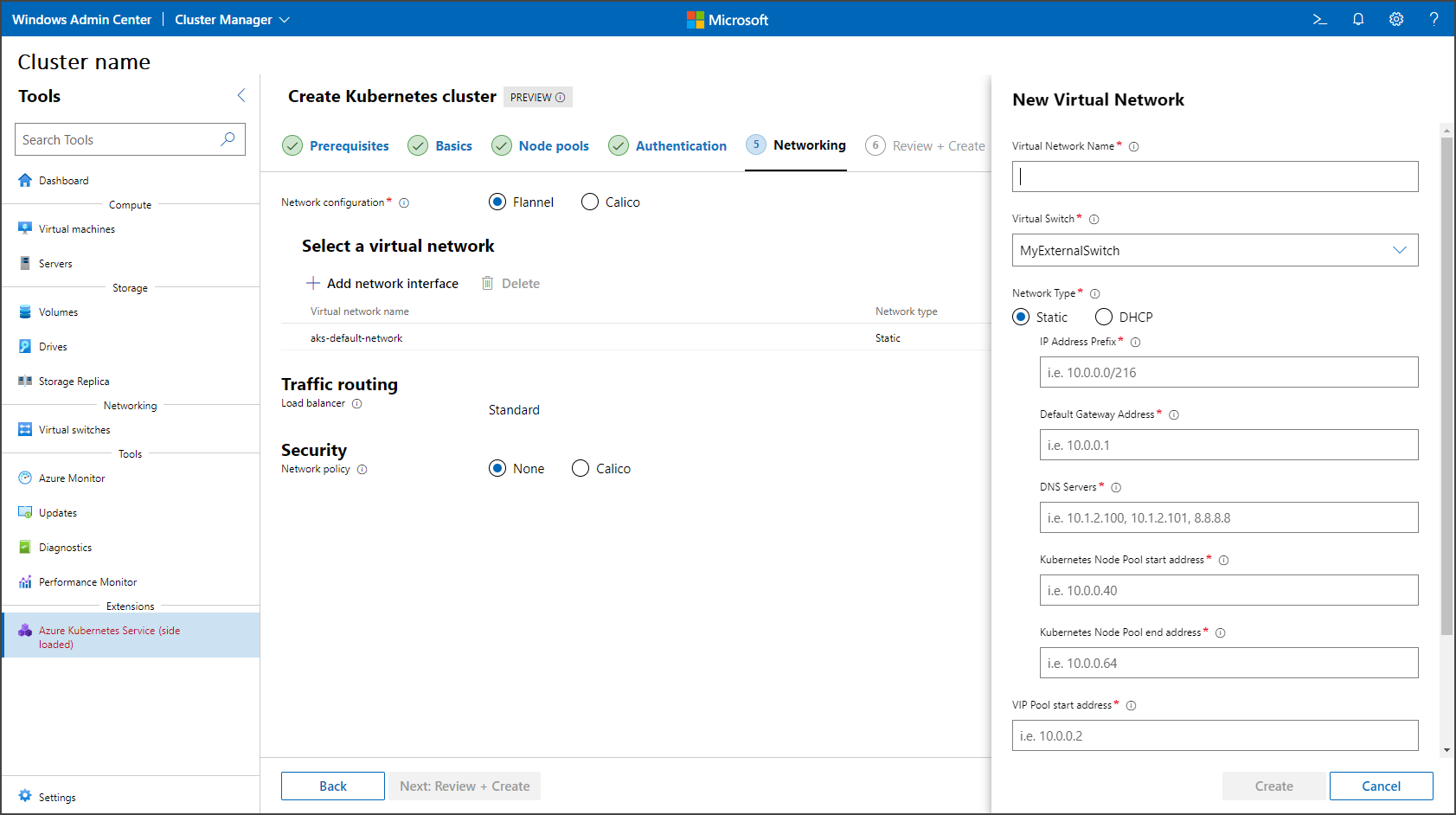 Screenshot showing the networking, static page of the Kubernetes cluster wizard.