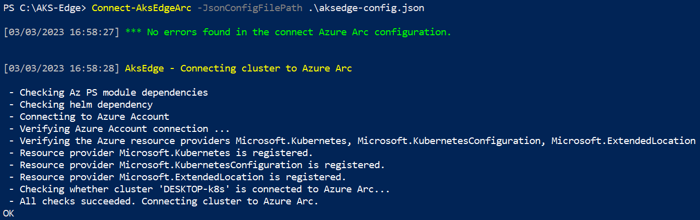 Screenshot showing PowerShell prompt while connecting to Arc