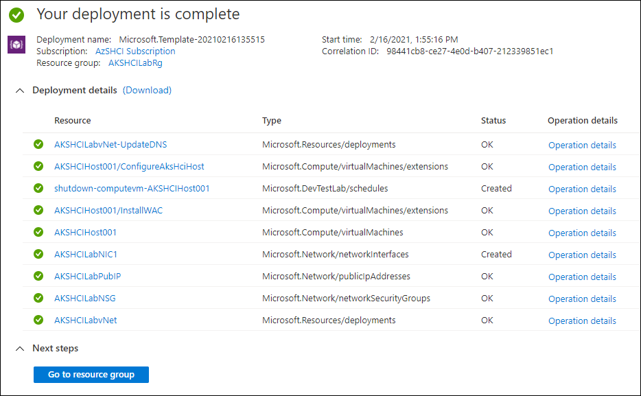 Screenshot of custom template deployment completed.