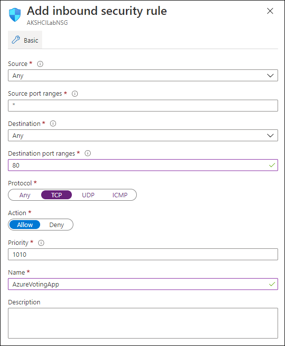 Screenshot showing how to add and inbound security rule in Azure.