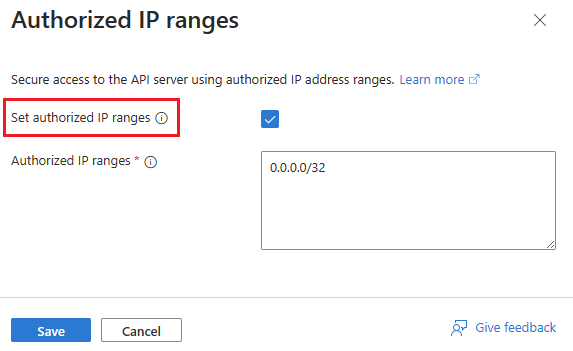 This screenshot shows the cluster resource's disable authorized IP ranges Azure portal page.