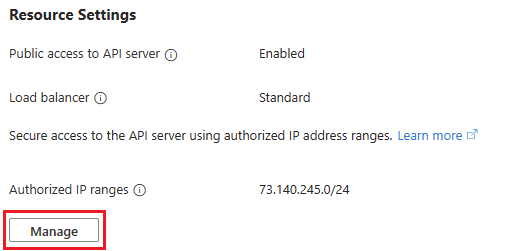 This screenshot shows the cluster resource's networking settings Azure portal page.