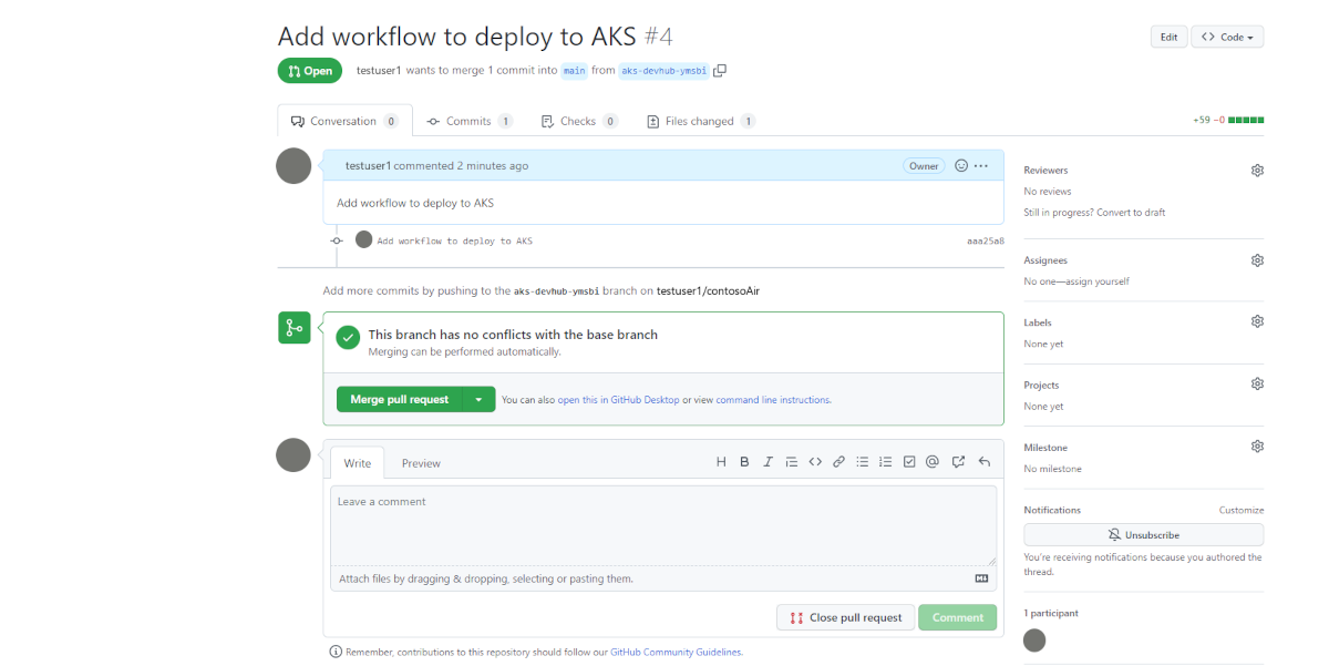 The pull request page in GitHub. The merge pull request button is highlighted.
