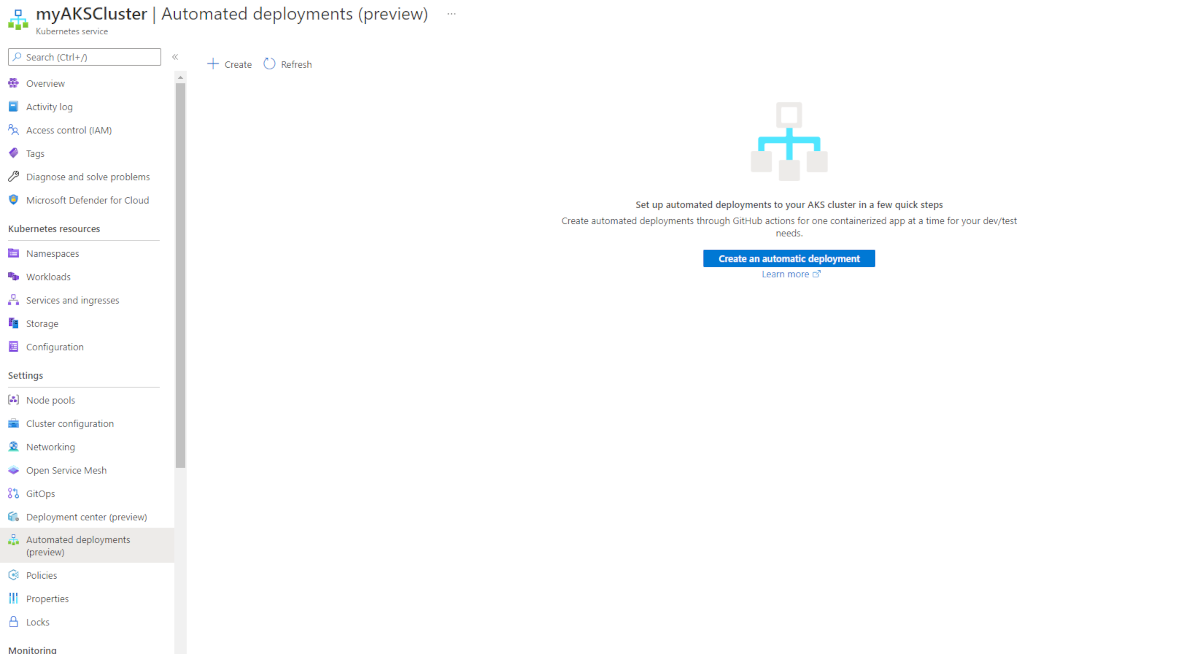 The automated deployments screen in the Azure portal.