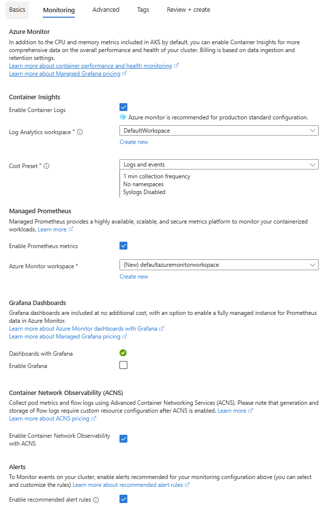 The screenshot of the Monitoring Tab while creating an AKS Automatic cluster in the Azure portal.