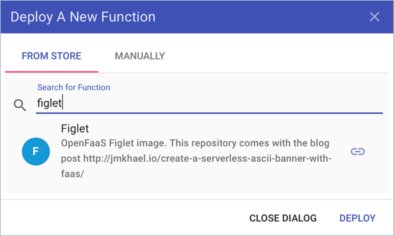 Screenshot shows the Deploy A New Function dialog box with the text figlet on the search line.