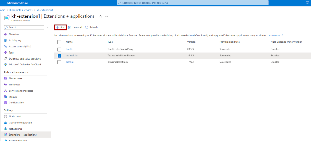 The Azure portal page for the A K S cluster is shown. 'Extensions + Applications' is selected, and '+ Add' is highlighted.