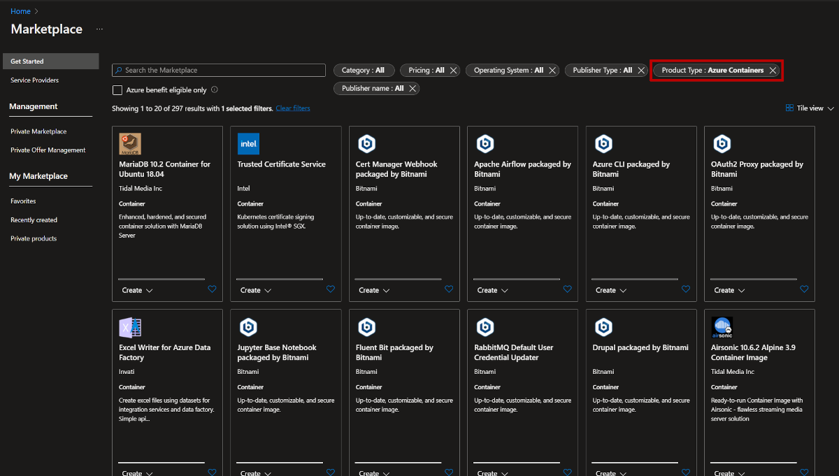 Screenshot of Azure Marketplace offers in the Azure portal, with the filter for product type set to Azure containers.