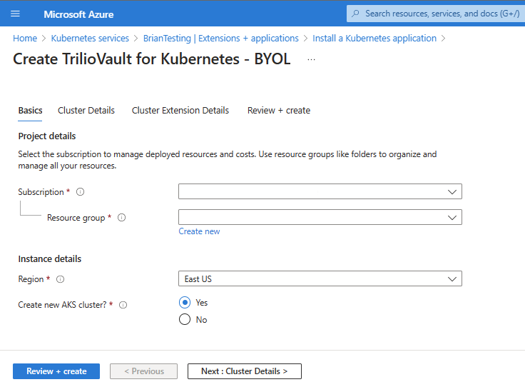 Screenshot of the Azure portal wizard for deploying a new offer, with the selector for creating a cluster or using an existing one.