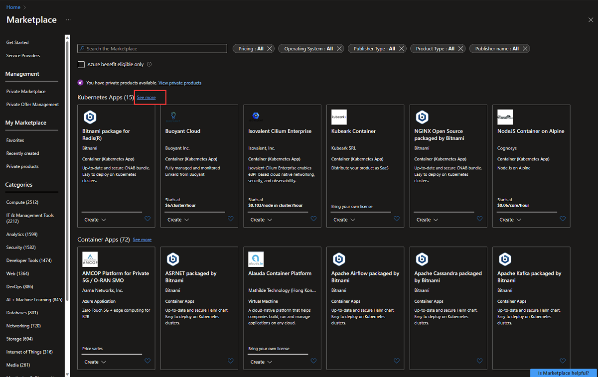Screenshot of Azure Marketplace K8s offers in the Azure portal. 'See More' is highlighted.