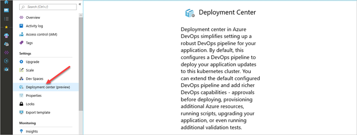 Screenshot shows the Azure portal with an arrow pointing to the Deployment center.