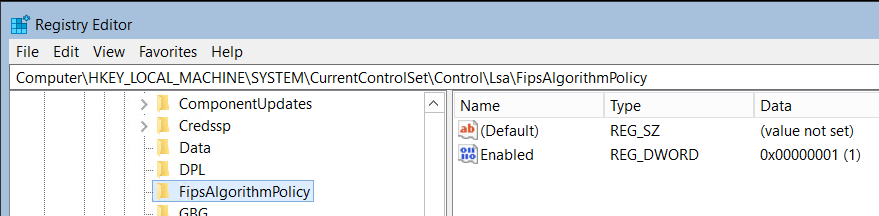 Screenshot shows a picture of the registry editor to the FIPS Algorithm Policy, and it being enabled.