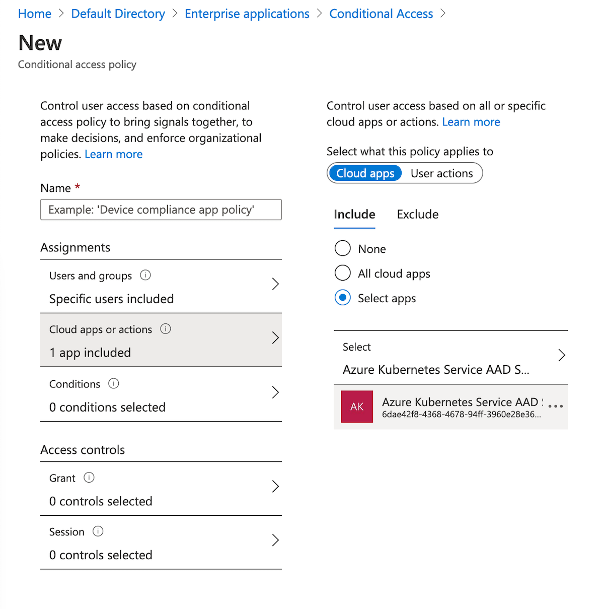 Selecting Azure Kubernetes Service AD Server for applying the Conditional Access policy