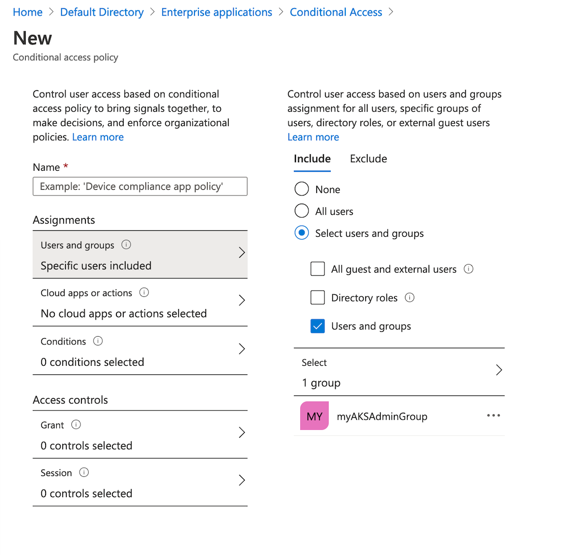 Screenshot of selecting users or groups to apply the Conditional Access policy.