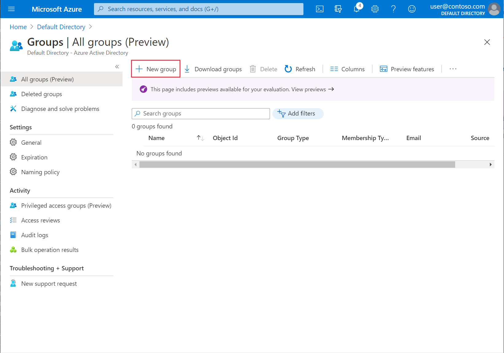 Screenshot of the Azure portal Active Directory groups screen with the New Group option highlighted.