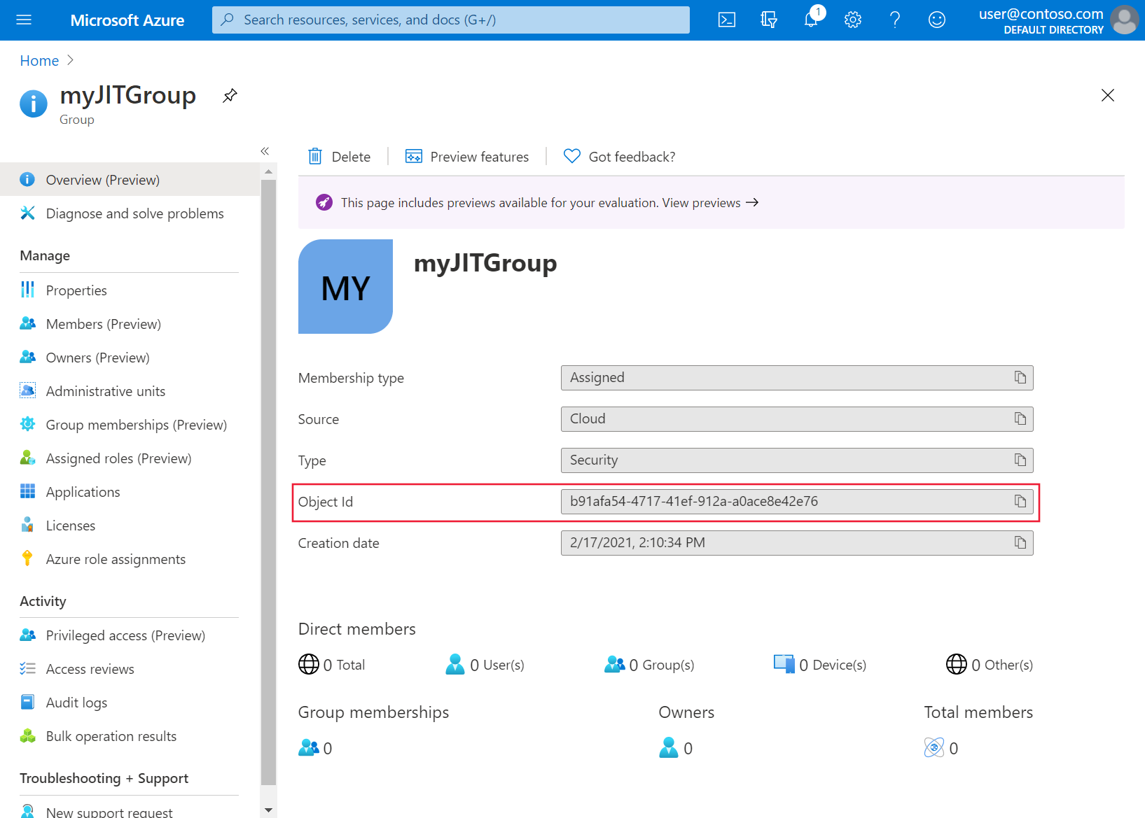Screenshot of the Azure portal screen for the just-created group with the Object ID highlighted.