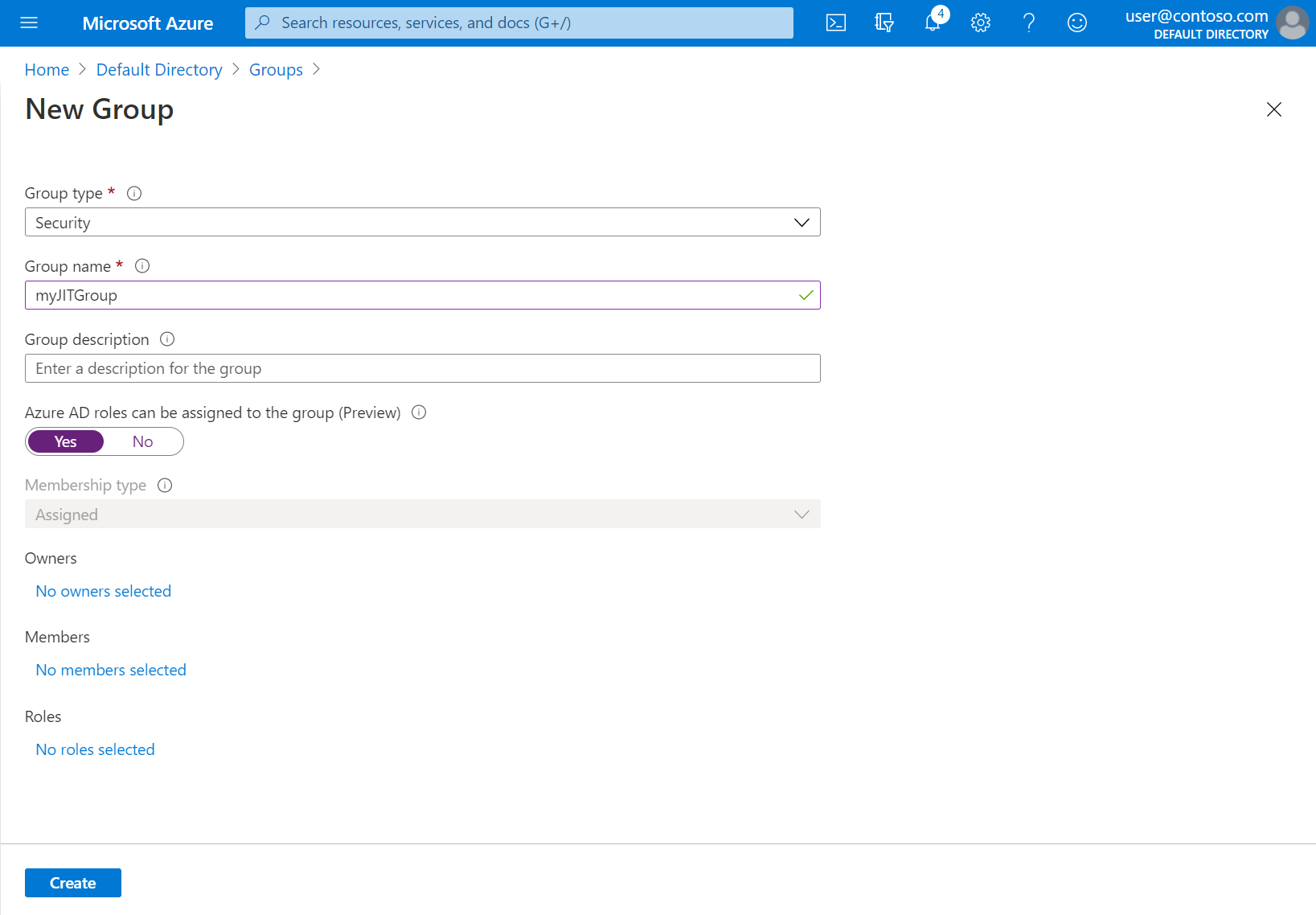 Screenshot of the new group creation screen in the Azure portal.