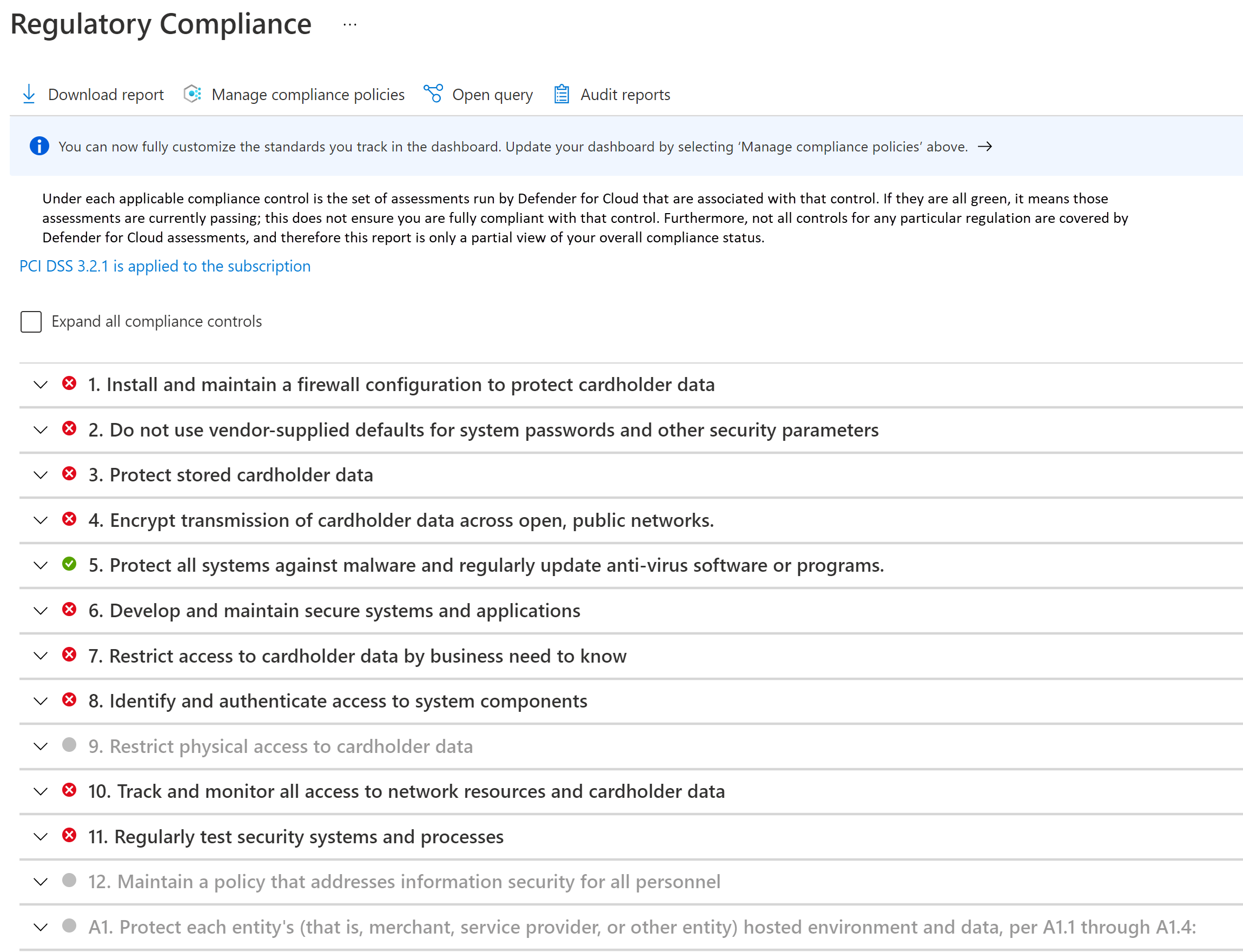 Screenshot of an example compliance monitoring dashboard in the Azure portal.