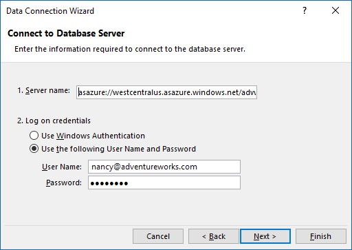 Screenshot that shows Connect to Database Server screen in Data Connection Wizard.
