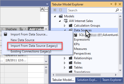 Screenshot of Legacy data sources in Tabular Model Explorer.