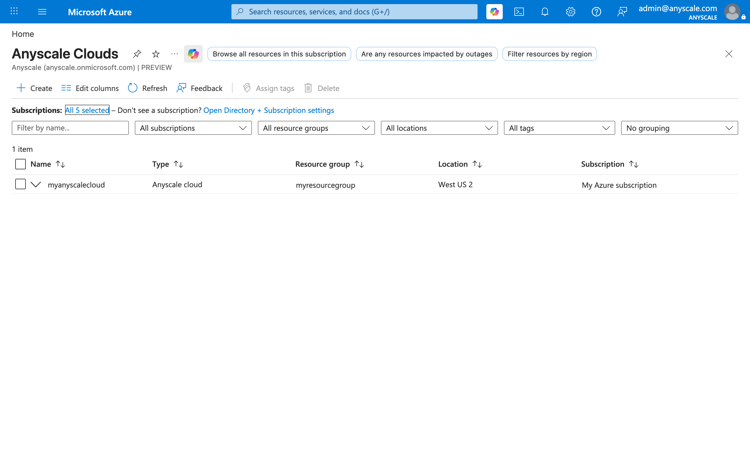 Anyscale clouds page in the Azure portal showing a list of existing Anyscale cloud resources.