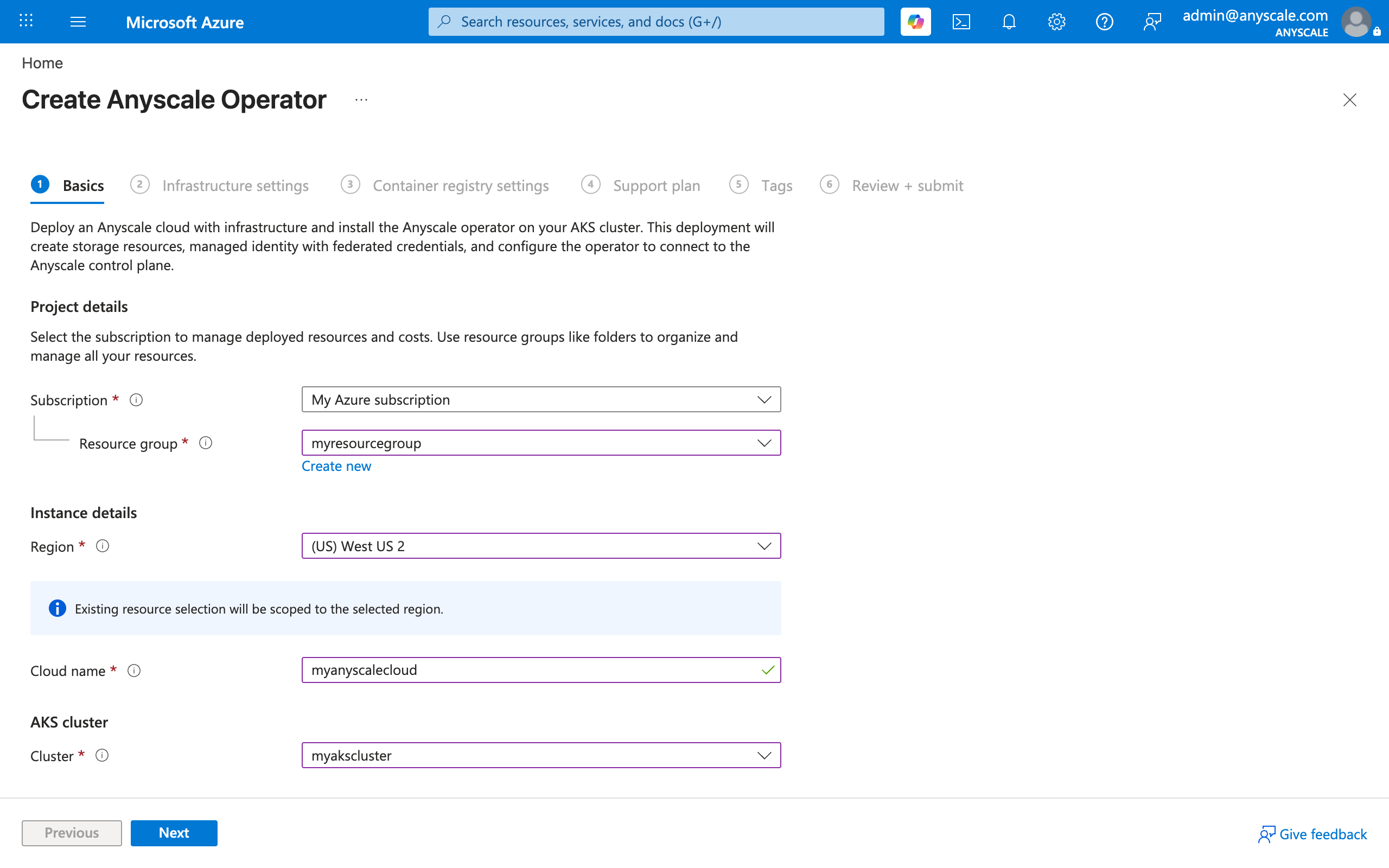 Basics tab with subscription, resource group, cloud name, region, and AKS cluster filled in.