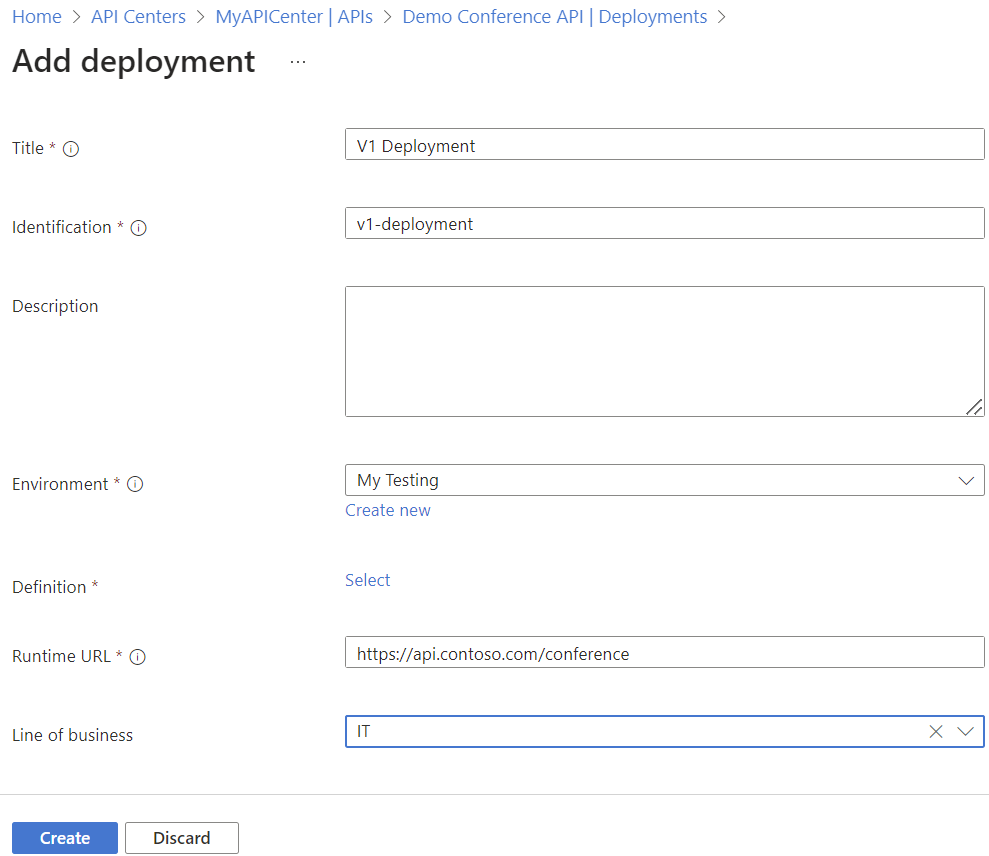 Screenshot of adding an API deployment in the portal.