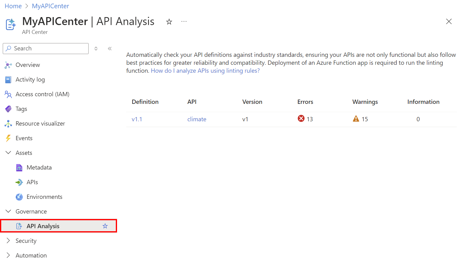 Screenshot of the API analysis summary in the portal.
