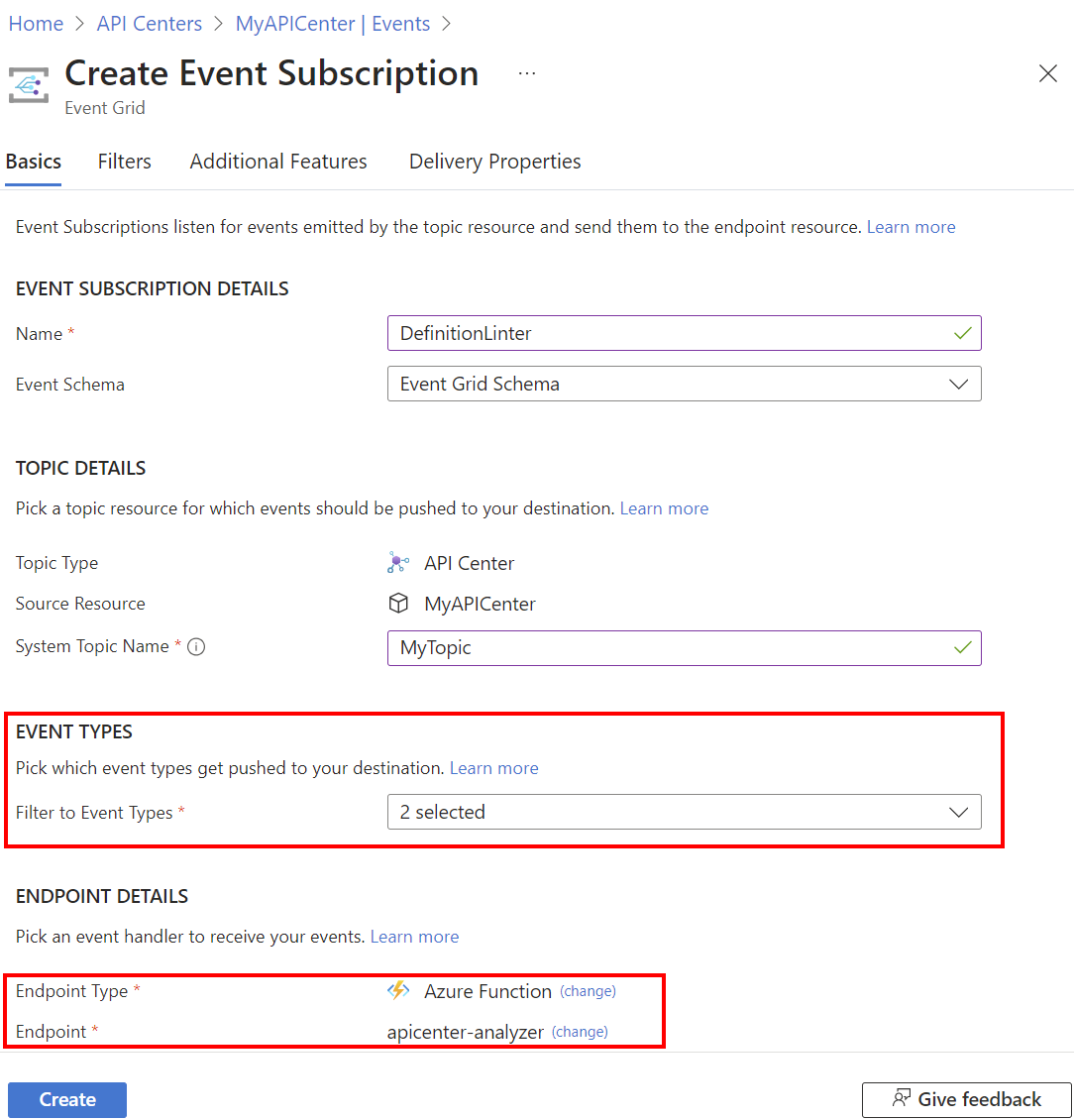 Screenshot of creating the event subscription in the portal.