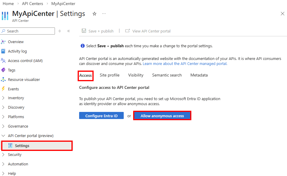 Screenshot showing configuration of anonymous access in the portal.