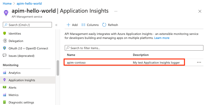 Screenshot that shows where to view the newly created Application Insights logger.
