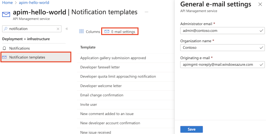 Screenshot of API Management email settings in the portal