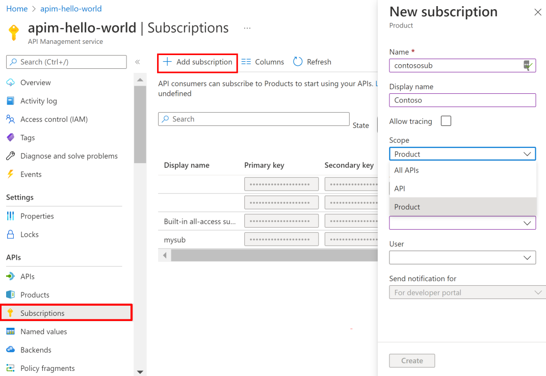 Screenshot showing how to create an API Management subscription in the portal.