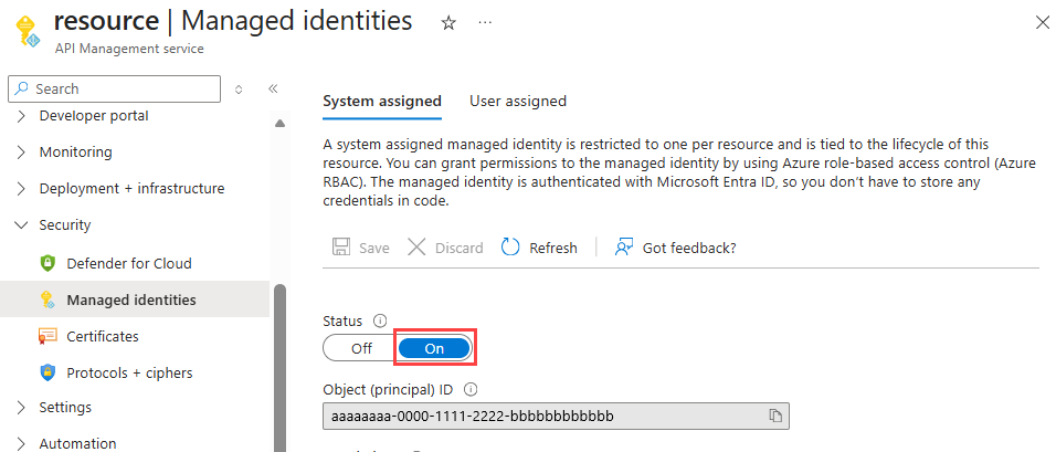 Screenshot of managed identity setting to register with Entra ID.